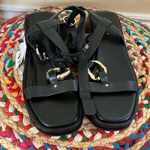 NWT Zara Black Sandals with Gold Accents